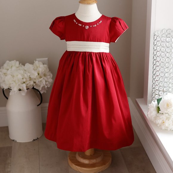 Red Dupioni Silk Dress Size 4T Hand Embroidery Cream Silk Trim Special Occasion - Picture 1 of 7